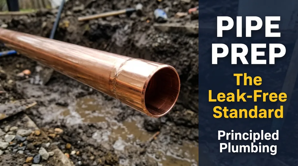 Plumber polishing copper pipe with a drill brush before fitting installation on an Oregon City main line repair