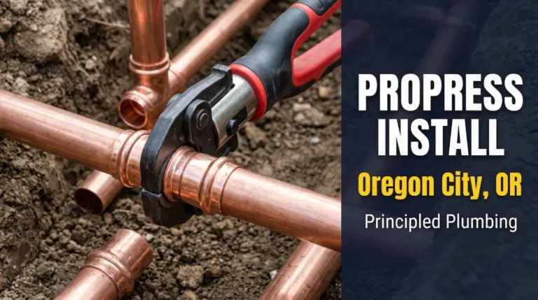 Milwaukee ProPress tool crimping a 2-inch copper fitting on a main line repair in Oregon City Oregon