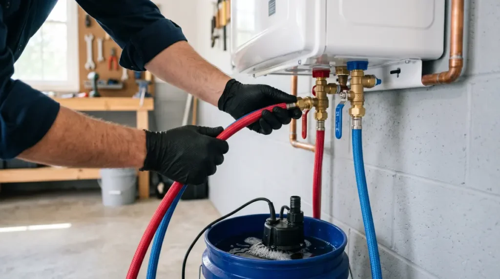 Oregon City plumber flushing a tankless water heater during annual descaling maintenance.