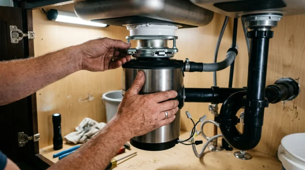 Oregon City plumber installing a new garbage disposal and resetting the sink flange.